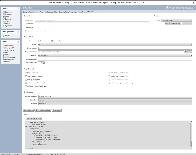MirthSync Plugin Main Interface showing connection settings, action controls, flags, and Git metadata options