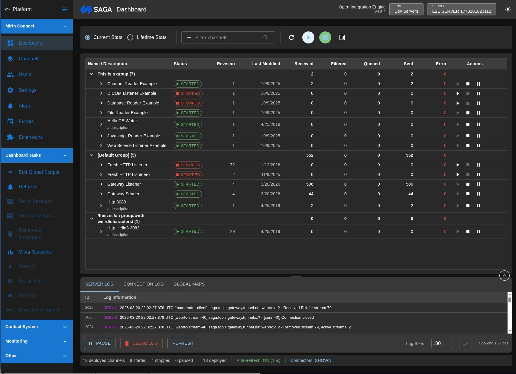 MDDS Console web administration interface for Mirth Connect channel management