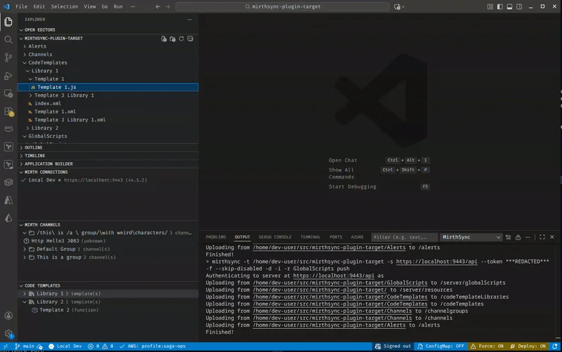 MirthSync VS Code IntelliSense showing autocomplete suggestions for Mirth Connect JavaScript API