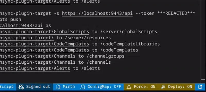 MirthSync VS Code extension status bar showing ConfigMap, Force, and Deploy toggle controls
