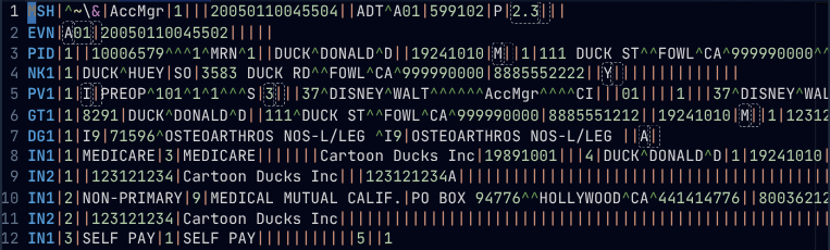 HL7 message editor showing syntax-highlighted ADT^A01 message