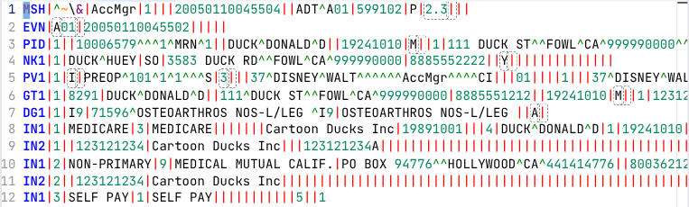 HL7 message editor showing syntax-highlighted ADT^A01 message