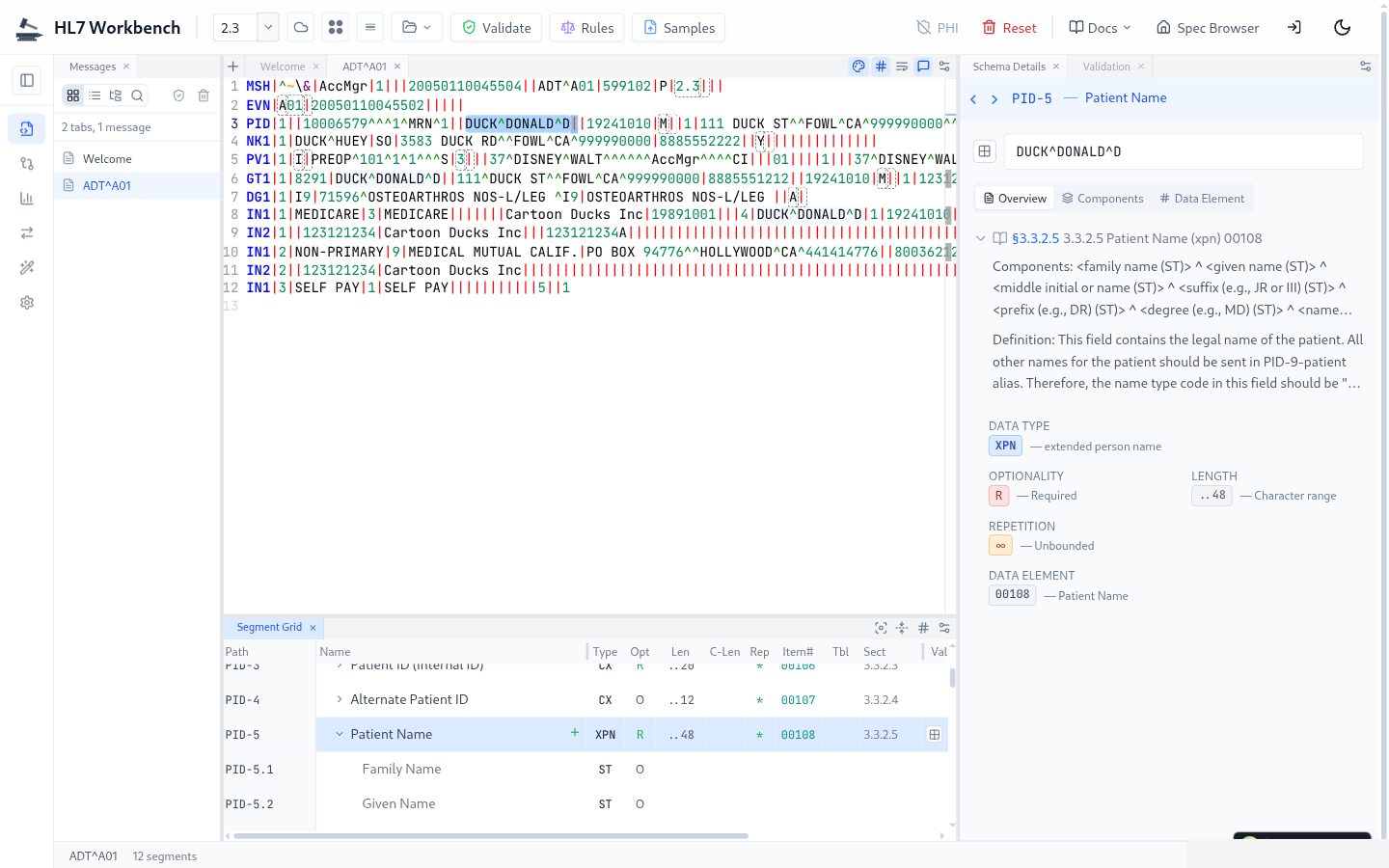 HL7 Workbench parser interface showing parsed ADT message with segment tree, field details, and syntax highlighting