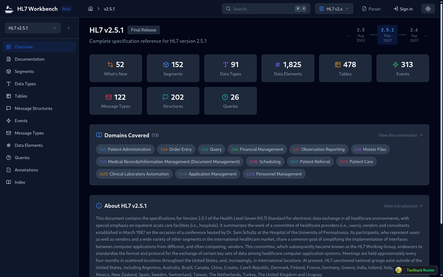 HL7 Workbench Spec Browser showing segments, data types, and tables
