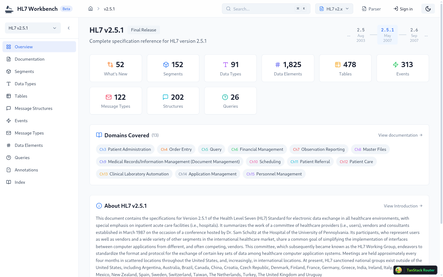 HL7 Workbench Spec Browser showing segments, data types, and tables