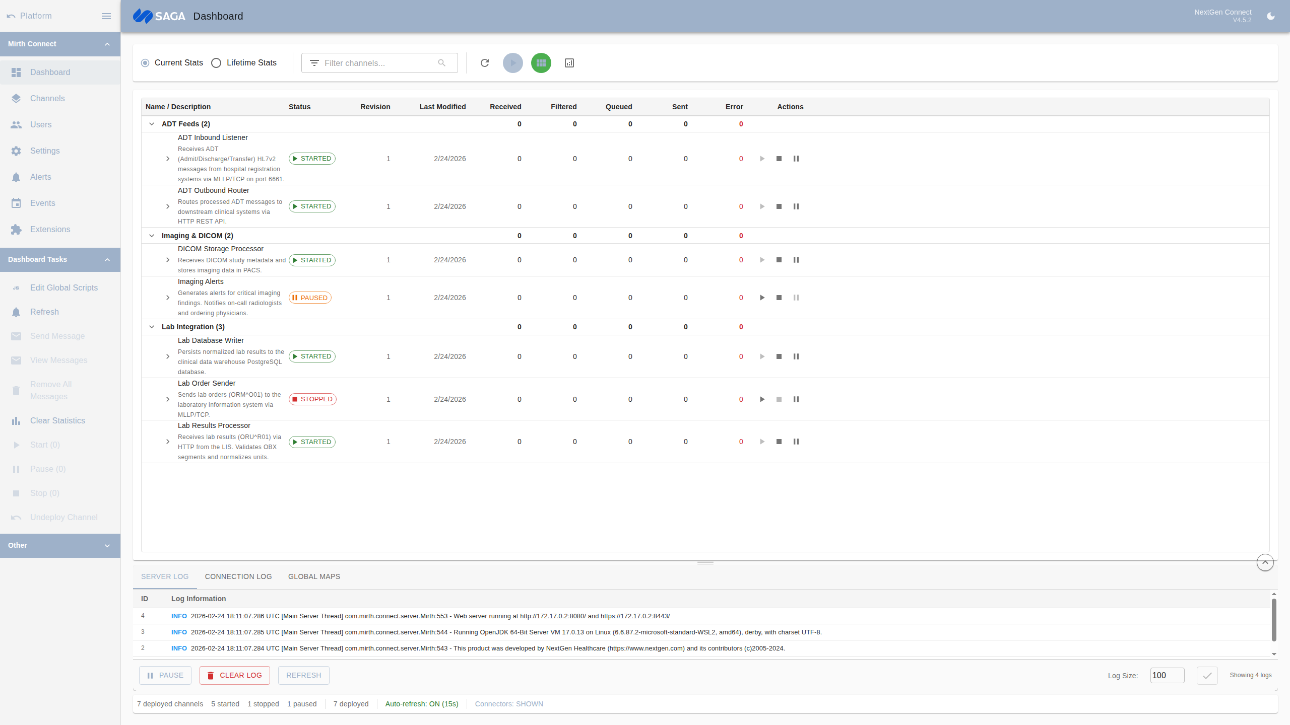MDDS dashboard showing Mirth Connect channel monitoring with status indicators and server logs
